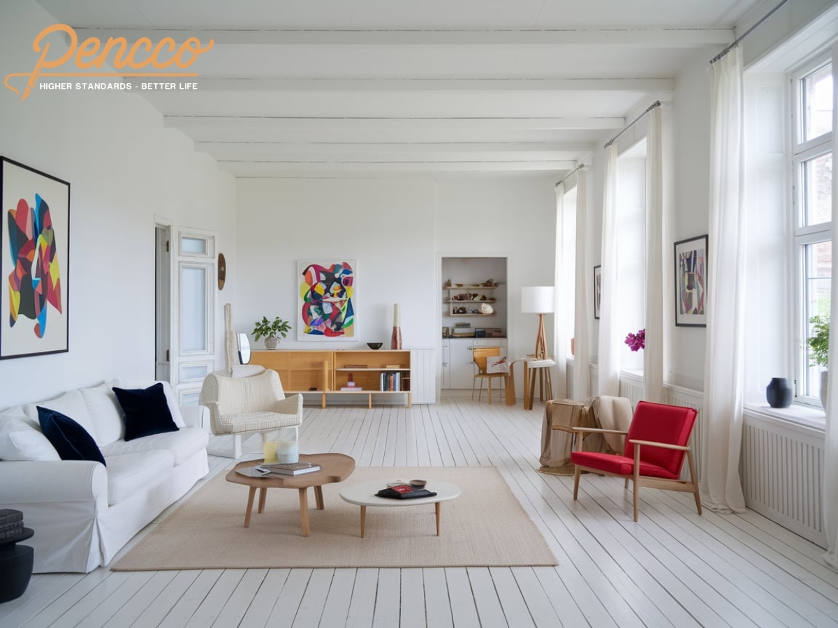 Phòng khách với tường sơn trắng và sofa cùng gối xanh đậm.