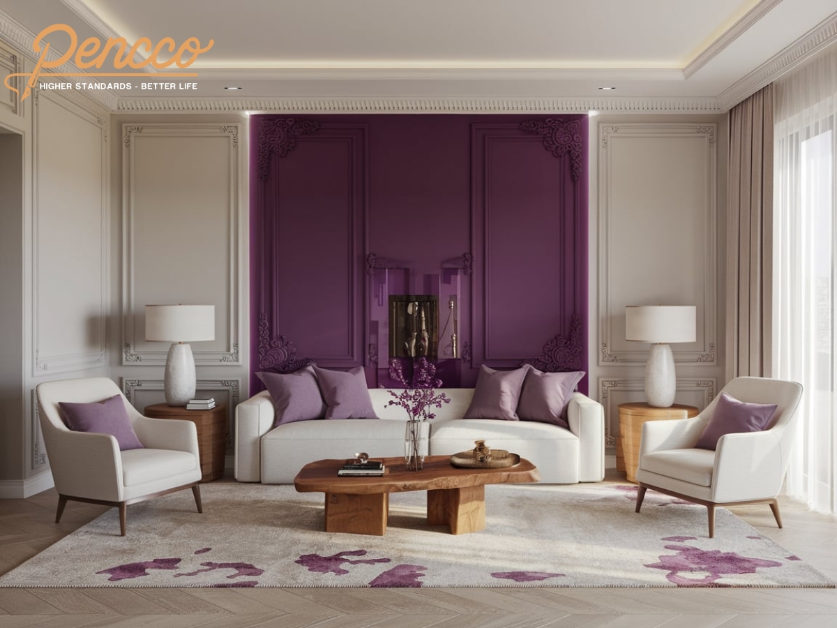 Phòng khách tím với tường xám nhạt và sofa trắng.