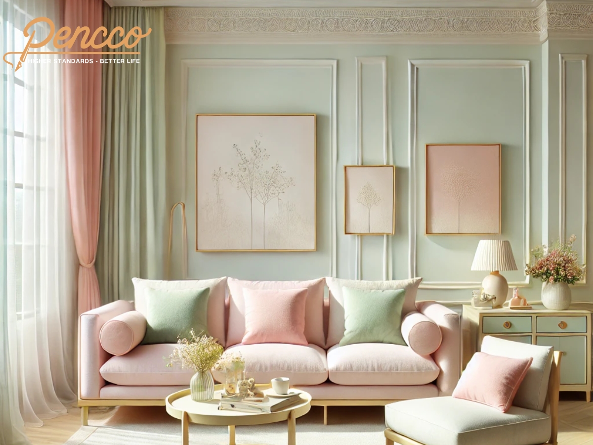 Phòng khách với tông màu pastel nhẹ nhàng và thanh lịch.