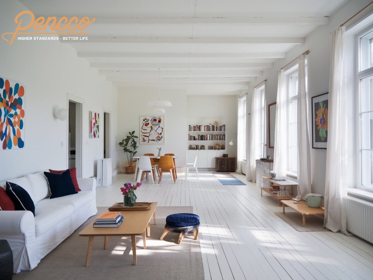 Phòng khách tường trắng với sofa và gối xanh đậm.