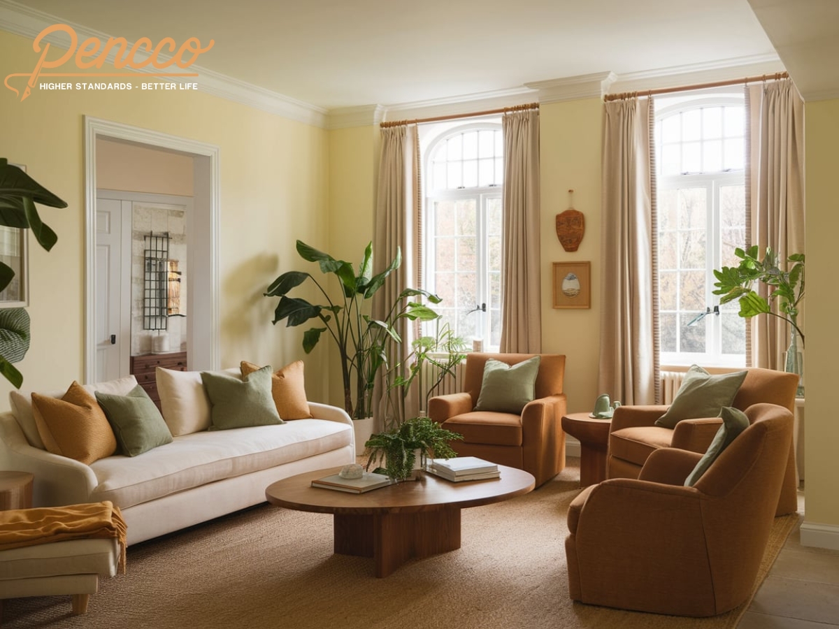 Phòng khách vàng kem với sofa nâu và gối xanh lá.