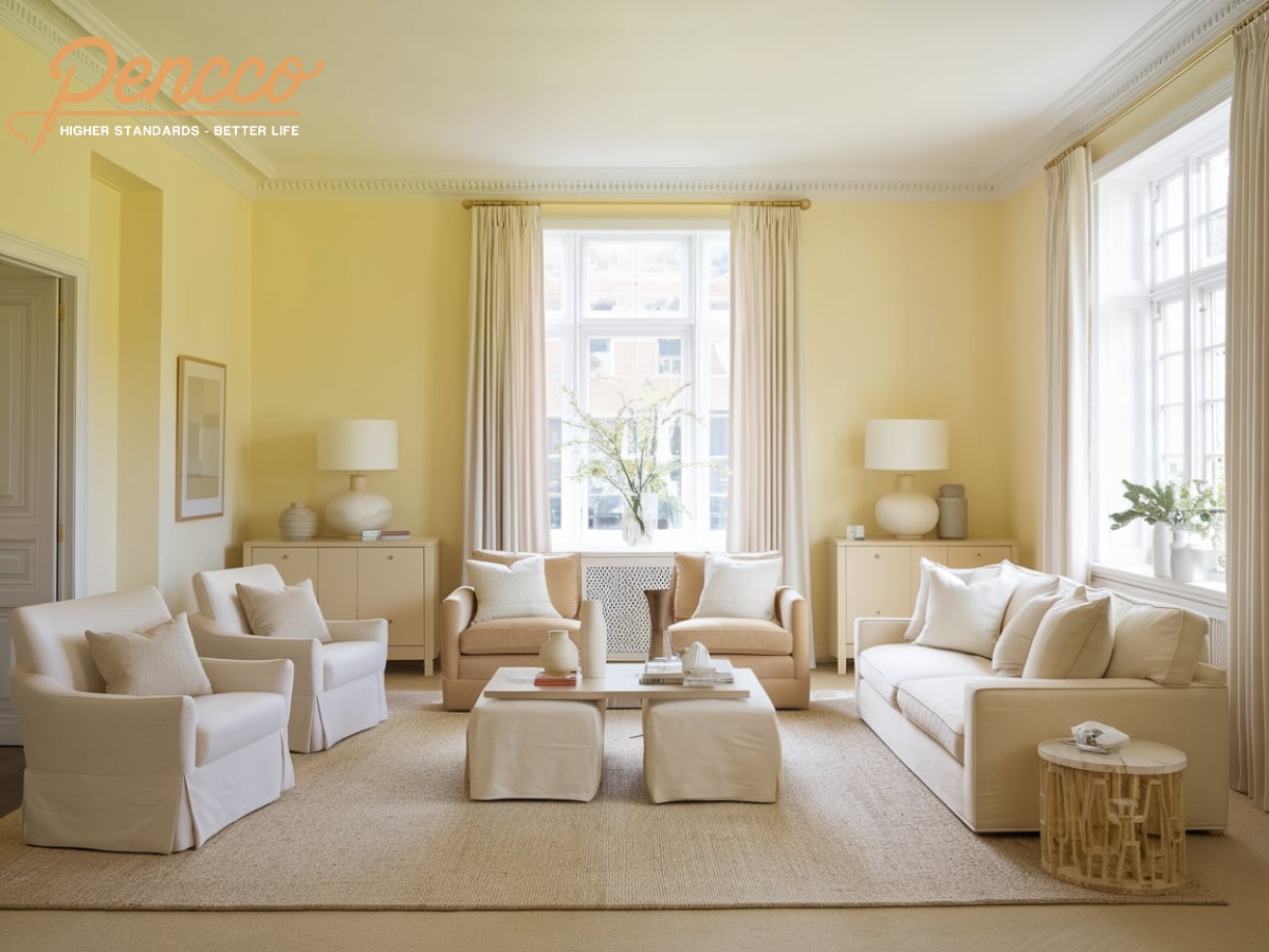 Phòng khách vàng nhạt với sofa be và gối trắng.