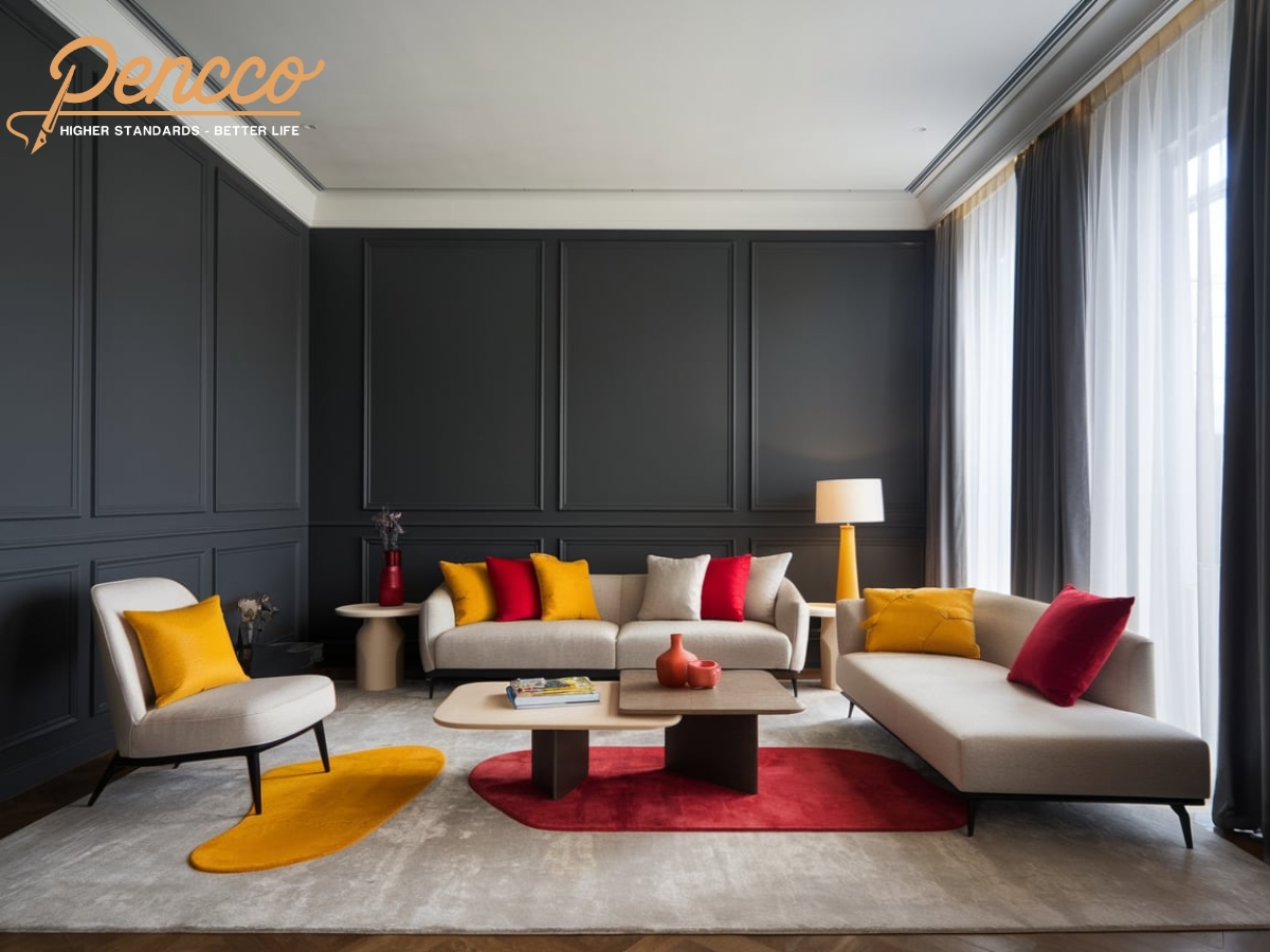 Phòng khách với tường sơn màu xám ghi, kết hợp sofa trắng và gối trang trí màu vàng, tạo không gian tinh tế và hiện đại.