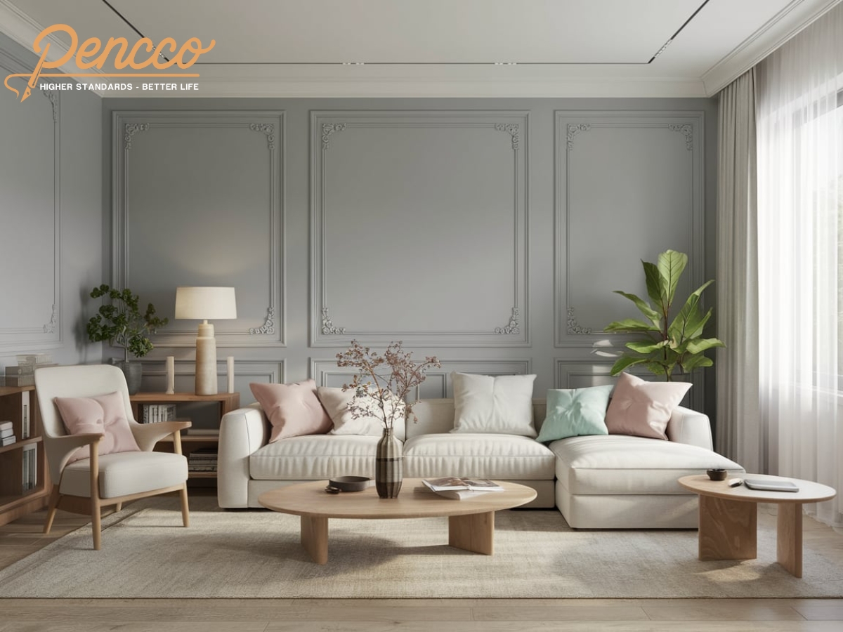 Phòng khách với tường sơn xám ghi sáng kết hợp sofa trắng và gối pastel hồng nhạt, mang đến không gian tinh tế và rộng rãi.