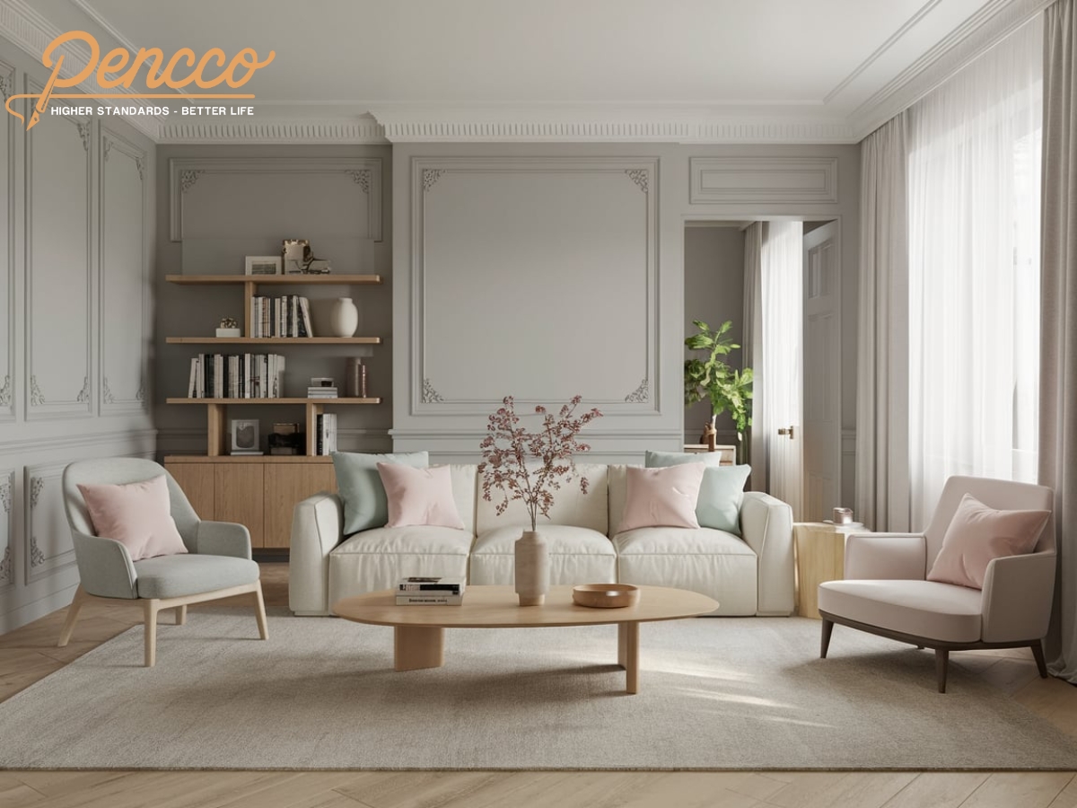 Phòng khách xám ghi sáng với pastel và nội thất gỗ.
