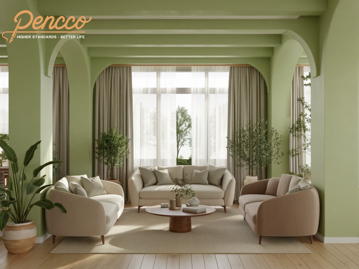 Phòng khách xanh lá cây với sofa be và cây cảnh.