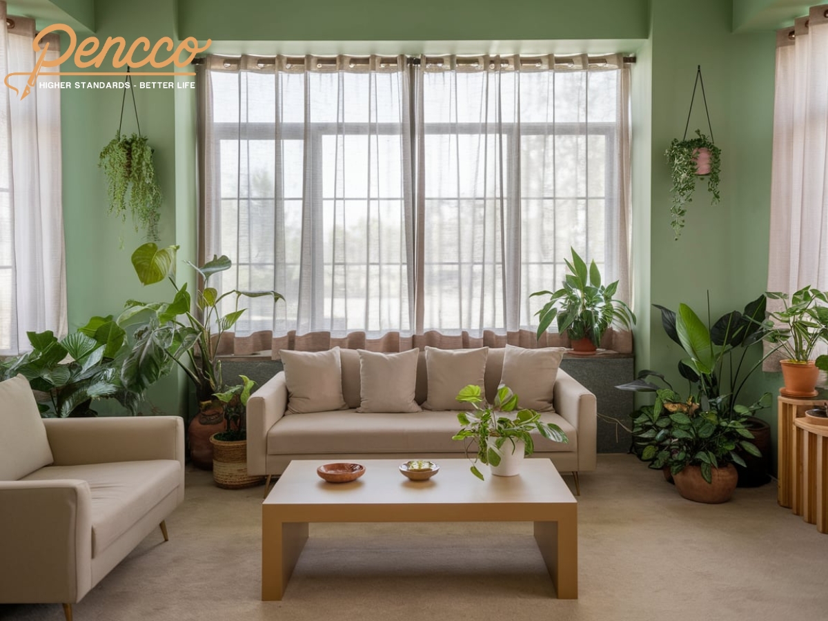 Phòng khách xanh lá cây với sofa be và cây cảnh.