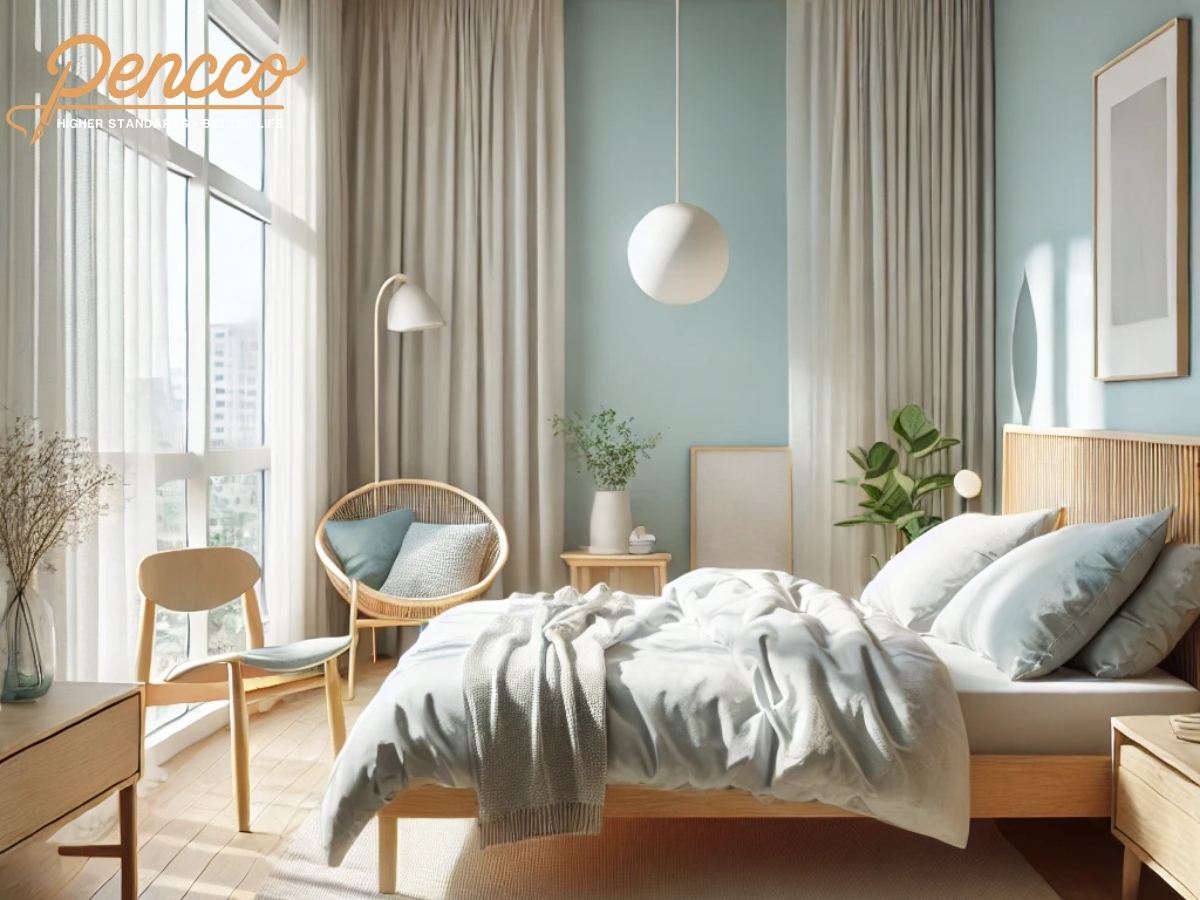 Phòng ngủ Bắc u với tường xanh dương nhạt và nội thất gỗ tự nhiên.
