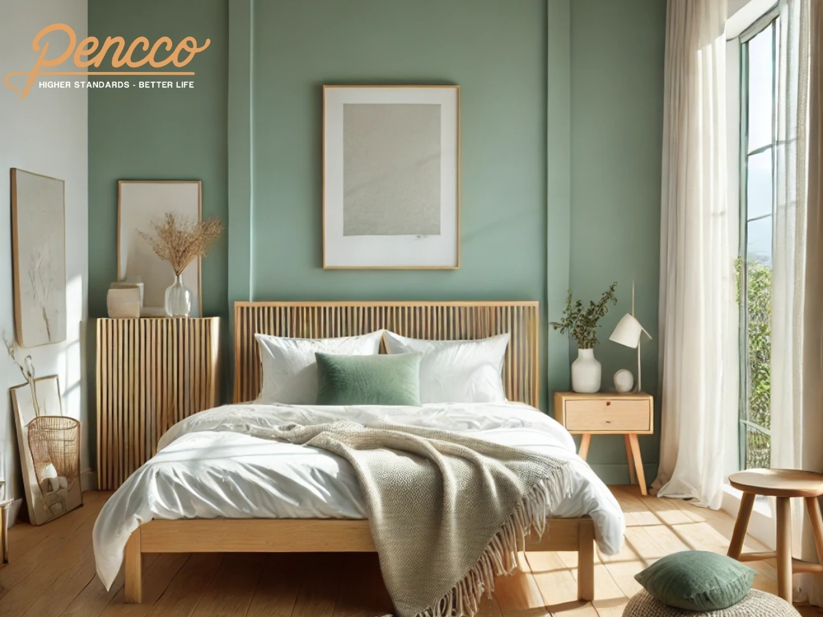 Phòng ngủ Bắc u với tường xanh ngọc và nội thất gỗ tự nhiên.