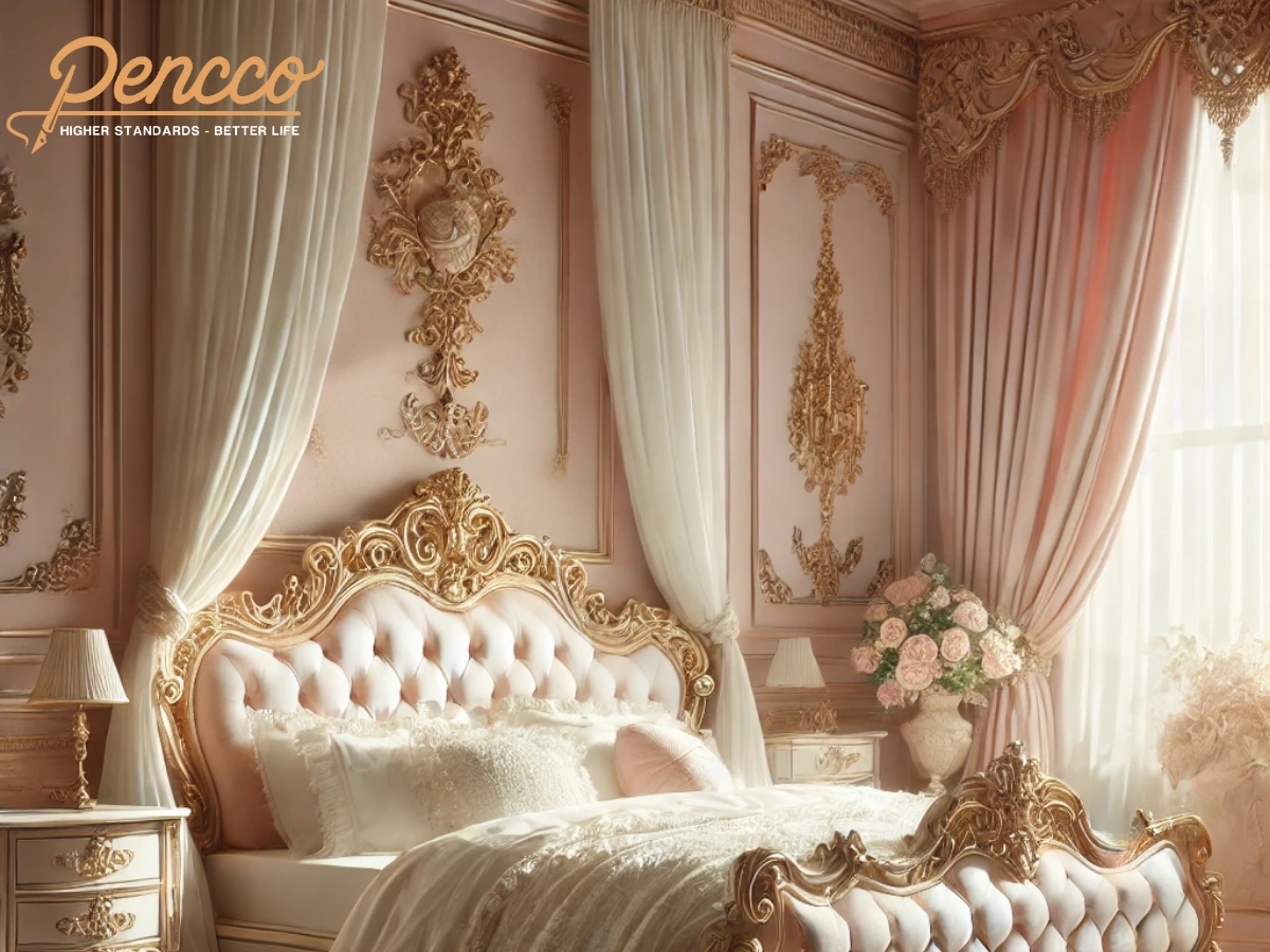 Phòng ngủ cổ điển sang trọng với tường hồng nhạt và nội thất cổ điển.