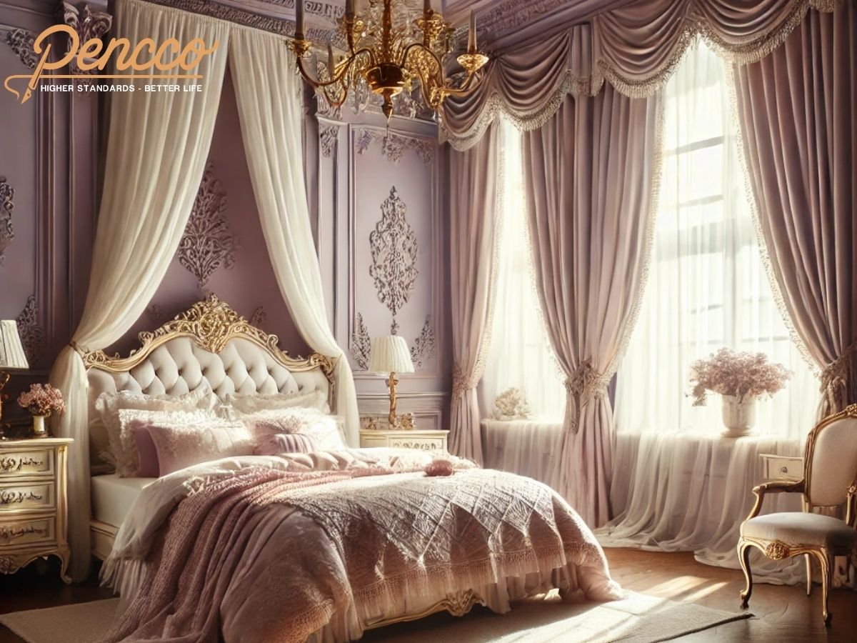 Phòng ngủ cổ điển sang trọng với tường tím nhạt và nội thất cổ điển.