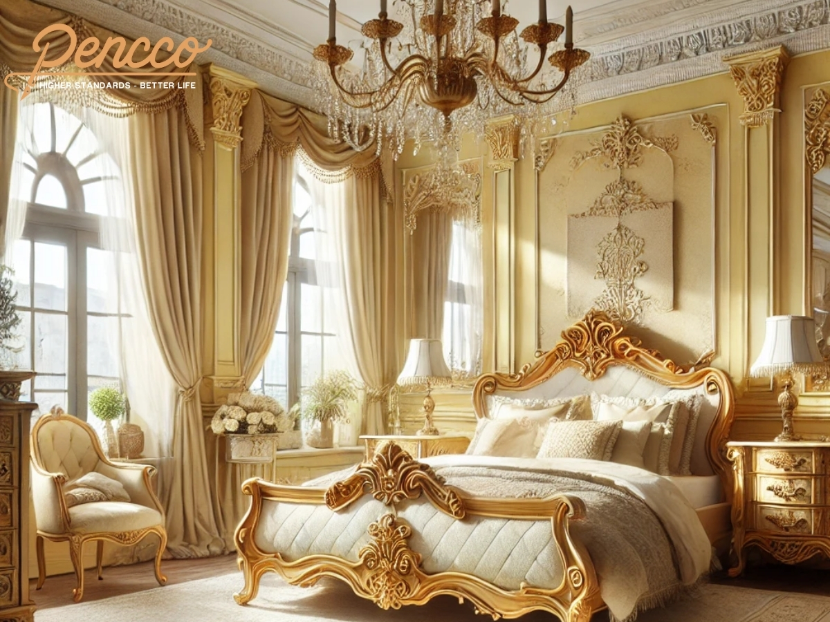 Phòng ngủ cổ điển màu vàng nhạt sang trọng