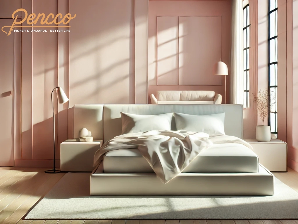 Phòng ngủ hiện đại màu hồng pastel với ánh nắng