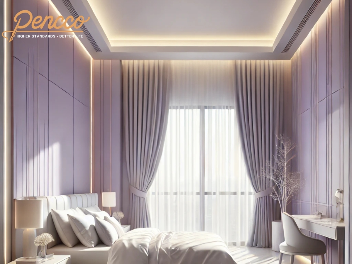 Phòng ngủ hiện đại với tường tím nhạt và nội thất hiện đại.