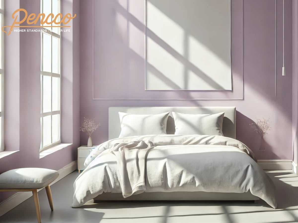 Phòng ngủ tối giản với tường tím nhạt và nội thất tối giản.
