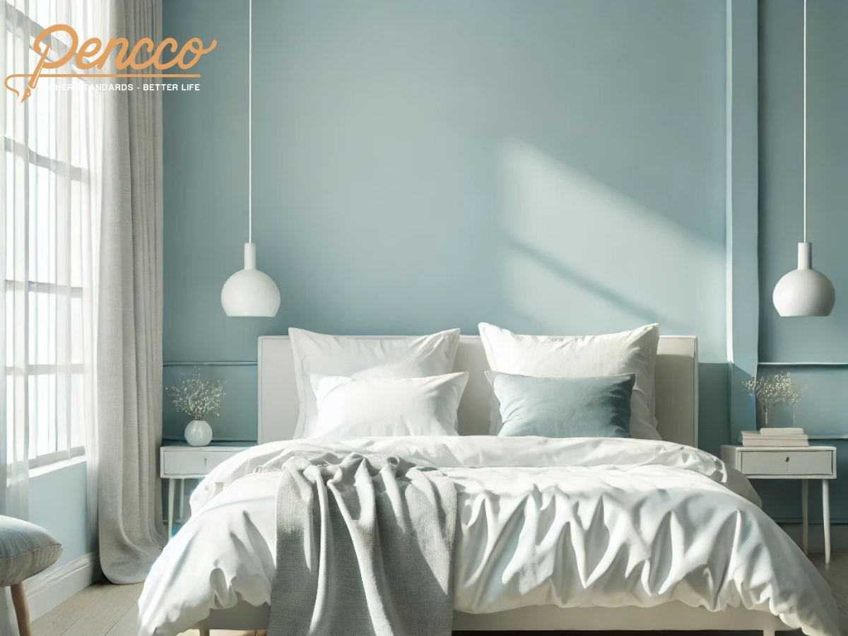Phòng ngủ tối giản với tường xanh dương nhạt và nội thất tối giản.