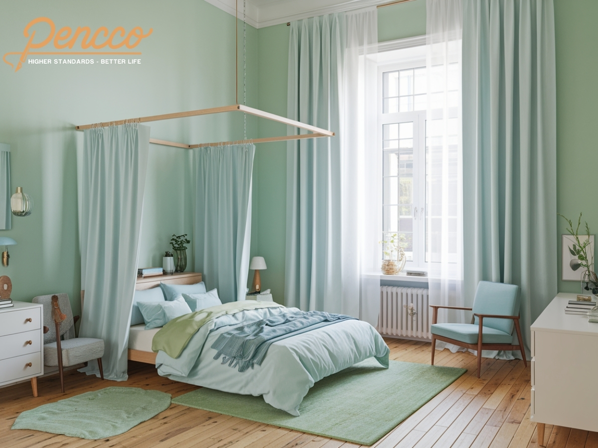 Phòng ngủ tối giản với tường xanh ngọc và nội thất đơn giản.