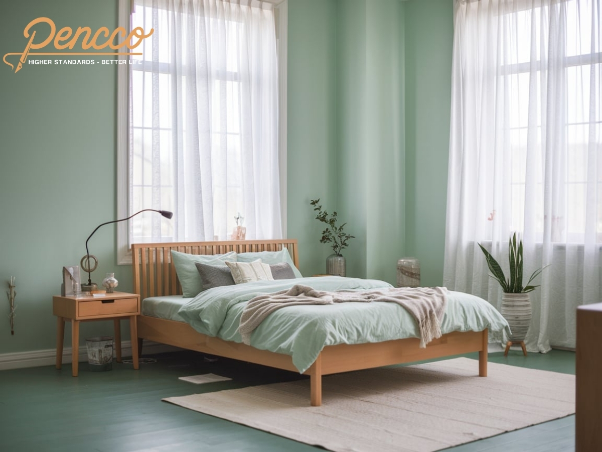 Thiết kế phòng ngủ với tường sơn xanh mint và nội thất tối giản.
