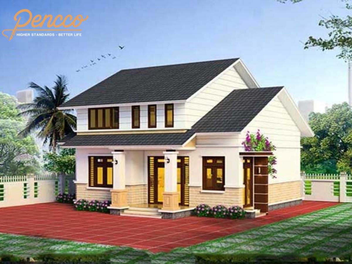 Ngôi nhà mái Thái hai tầng hiện đại với mái ngói đen và cột trụ vững chắc.