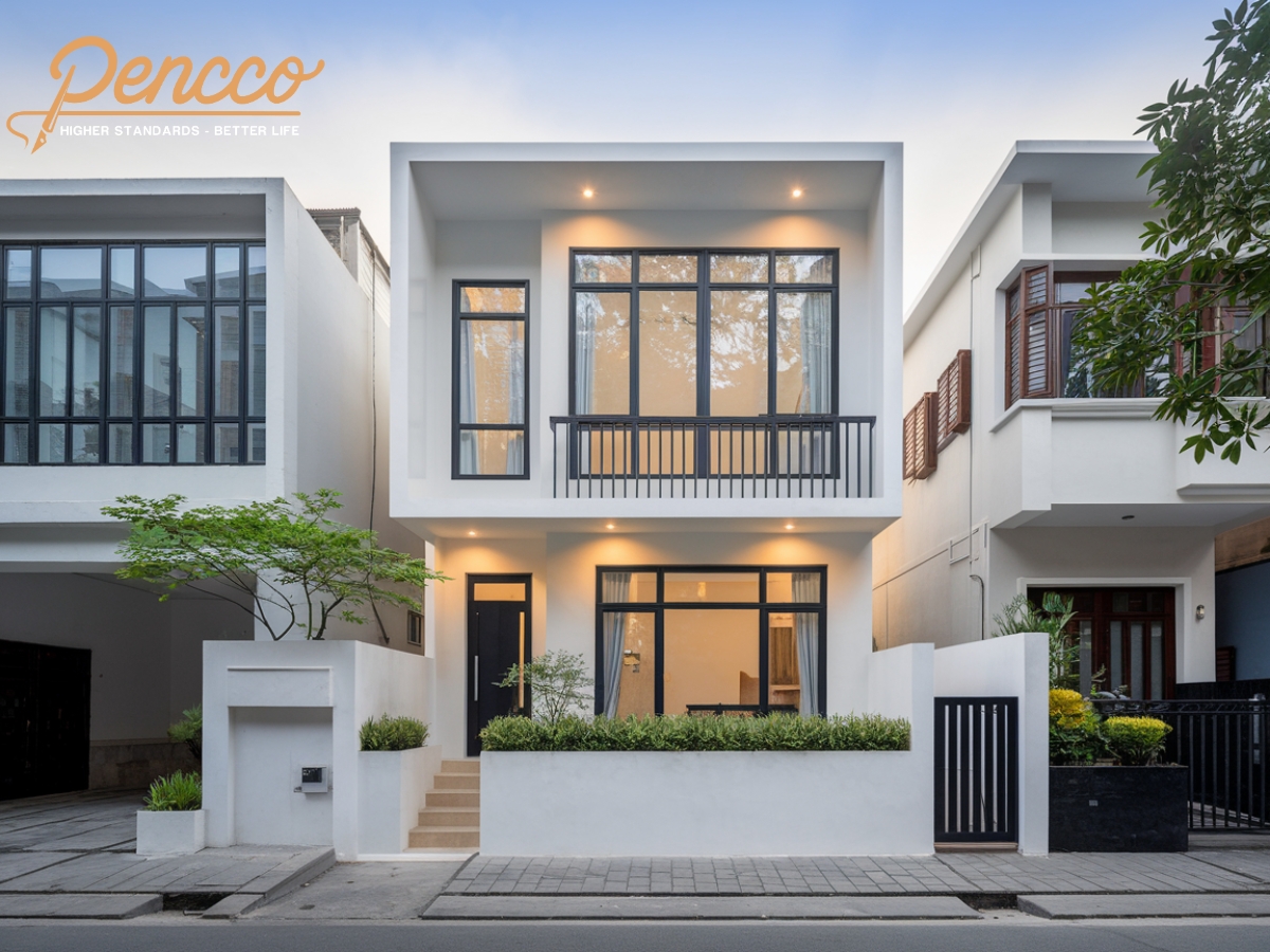 Nhà 2 tầng phối màu đen - trắng sang trọng, tương phản mạnh mẽ.
