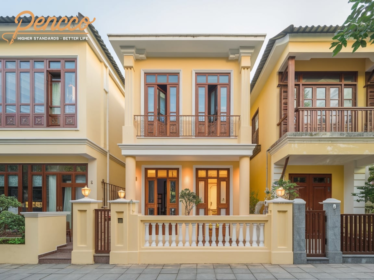Nhà 2 tầng phối màu vàng kem - nâu ấm cúng.