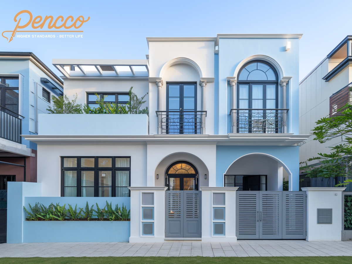 Nhà 2 tầng đô thị xanh dương nhạt - xám ghi sáng sủa.