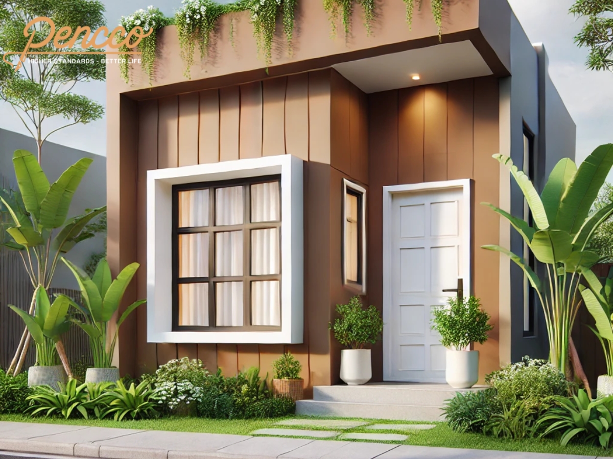 Nhà cấp 4 màu nâu, cửa sổ trắng, cây xanh xung quanh nhà