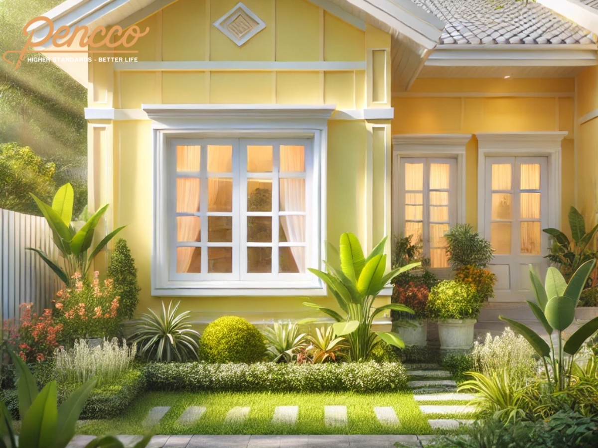 Nhà cấp 4 sơn vàng nhẹ, khung cửa trắng, nhiều cây xanh.