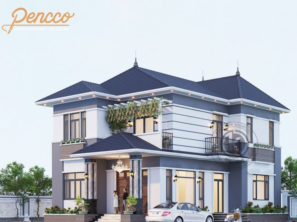 Nhà hai tầng mái Thái với sơn màu trung tính và họa tiết đậm.
