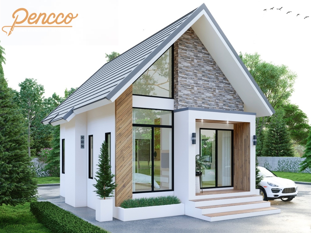 Nhà mái Thái hiện đại với tông trắng, gỗ và đá trang trí thanh thoát.