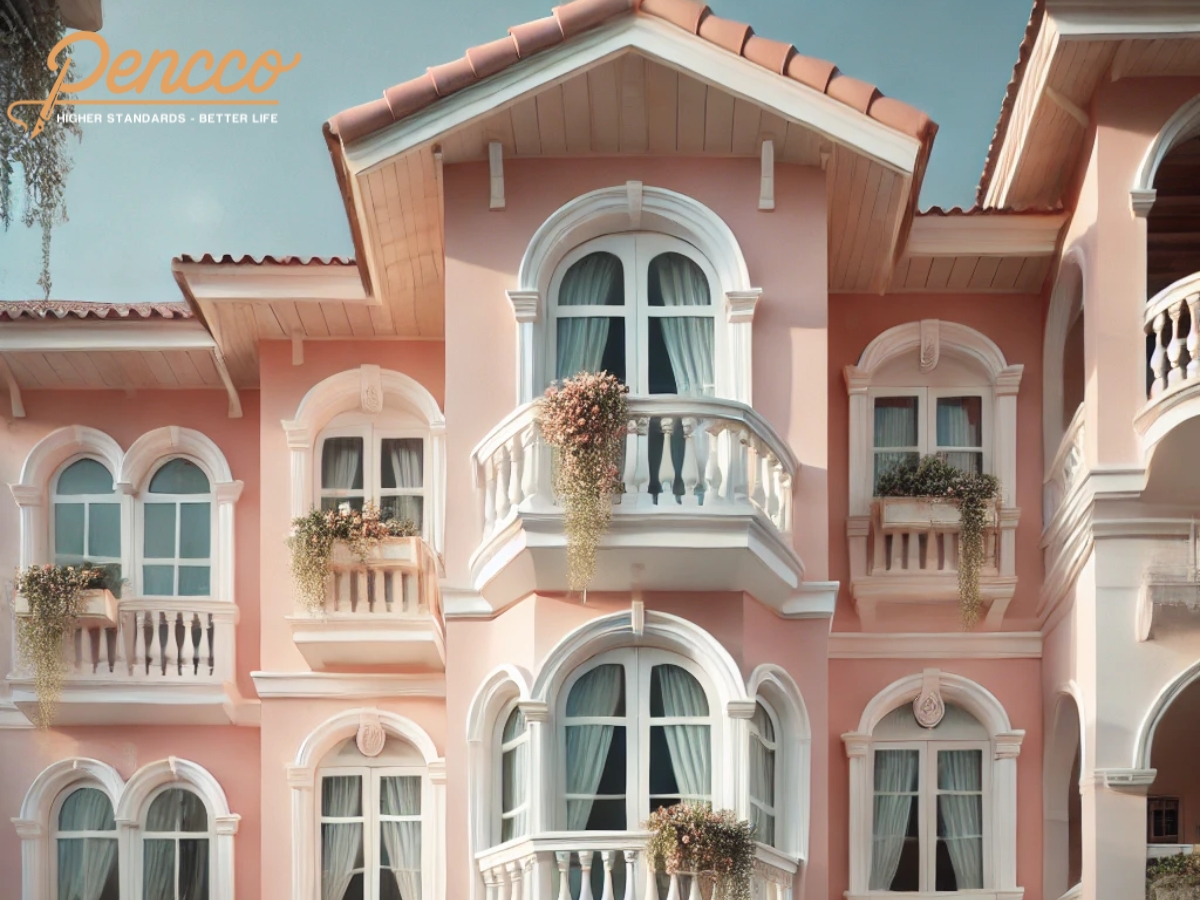 Nhà phố 2 tầng mái Thái hồng pastel và trắng