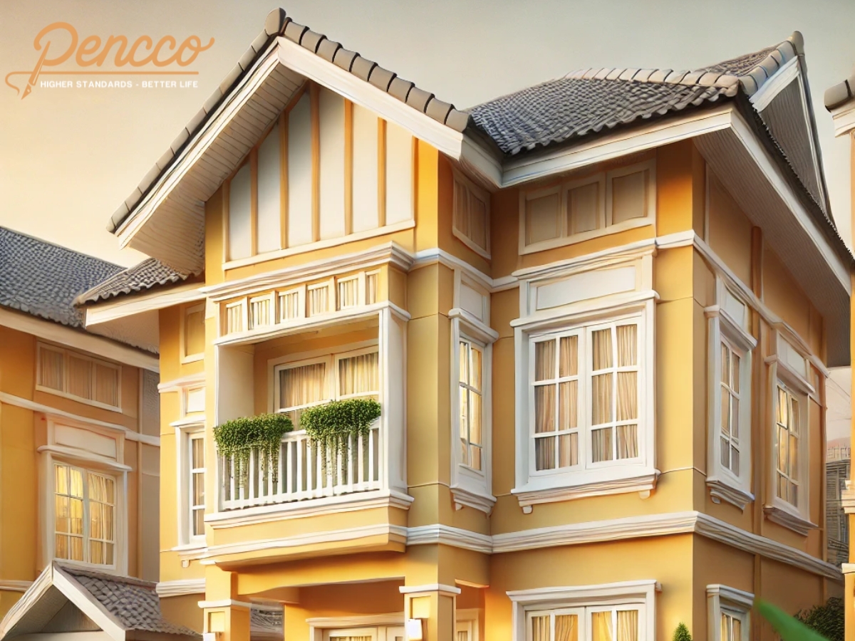 Nhà phố 2 tầng mái Thái vàng nhạt với viền trắng