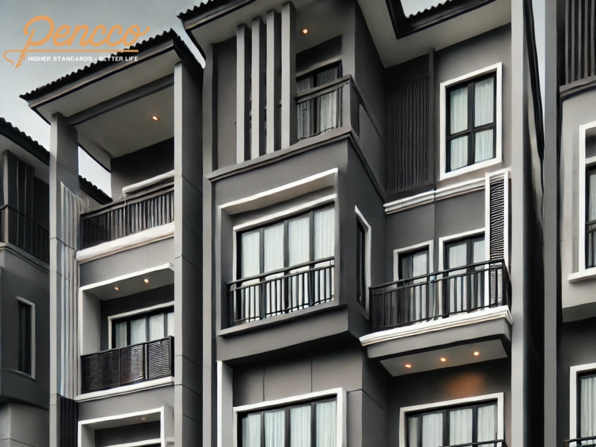 Nhà phố 3 tầng mái Thái xám đậm trắng