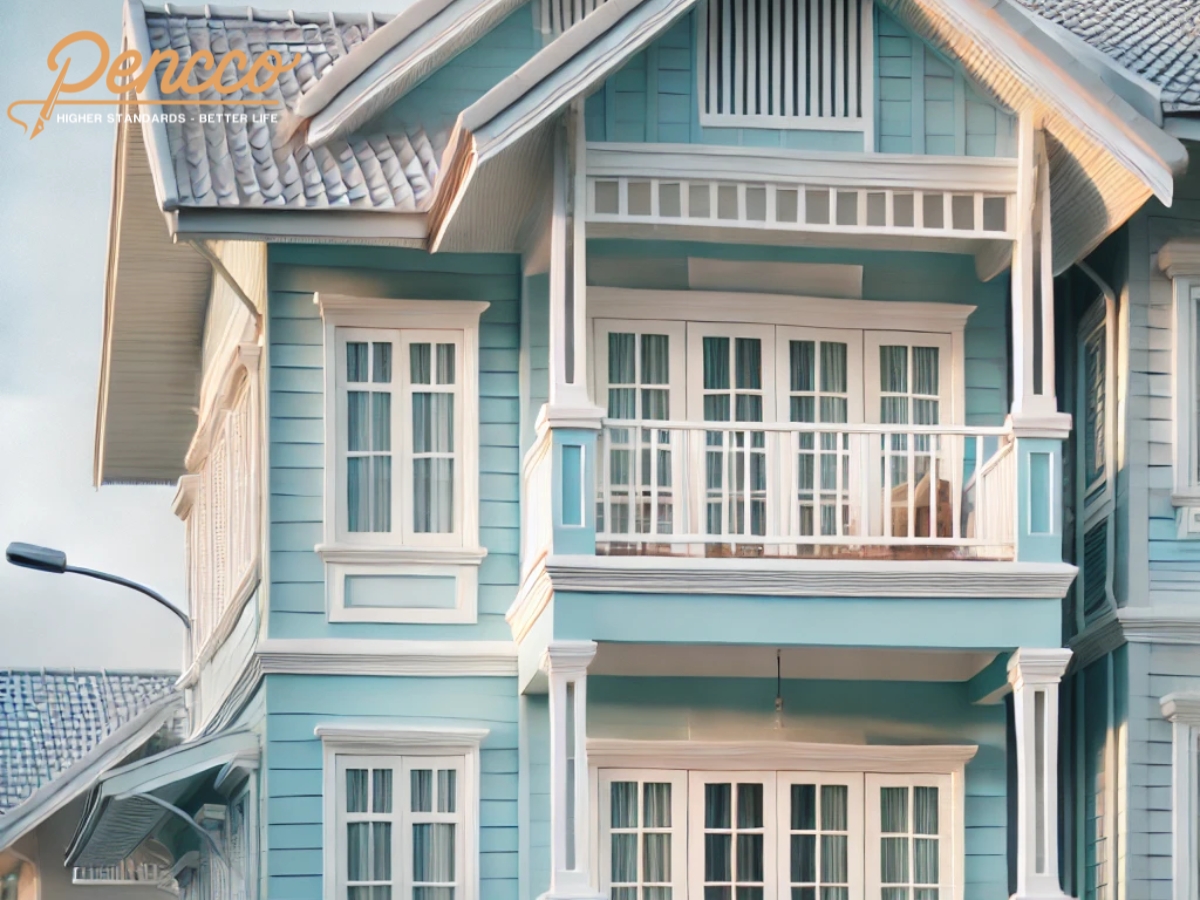 Nhà phố 3 tầng mái Thái xanh dương nhạt trắng