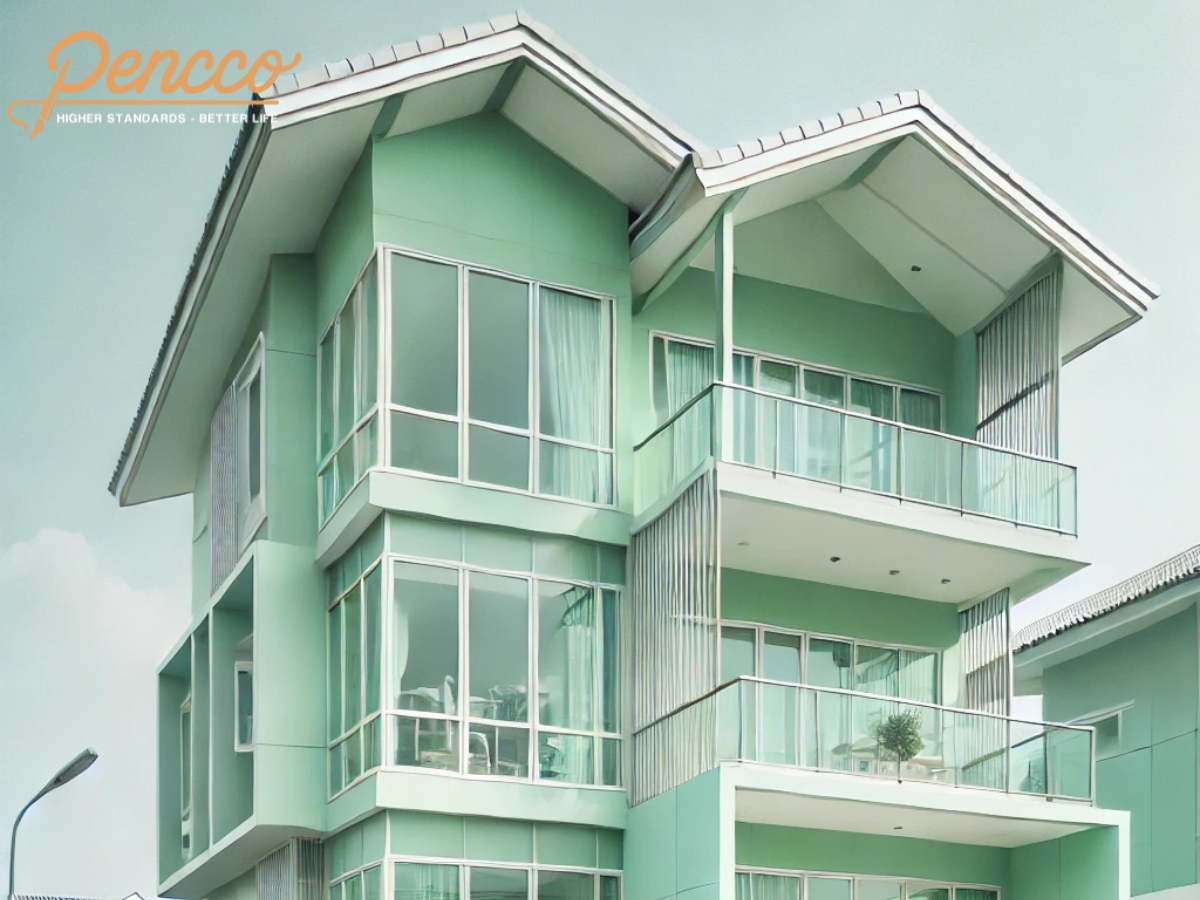 Nhà phố 3 tầng mái Thái xanh mint