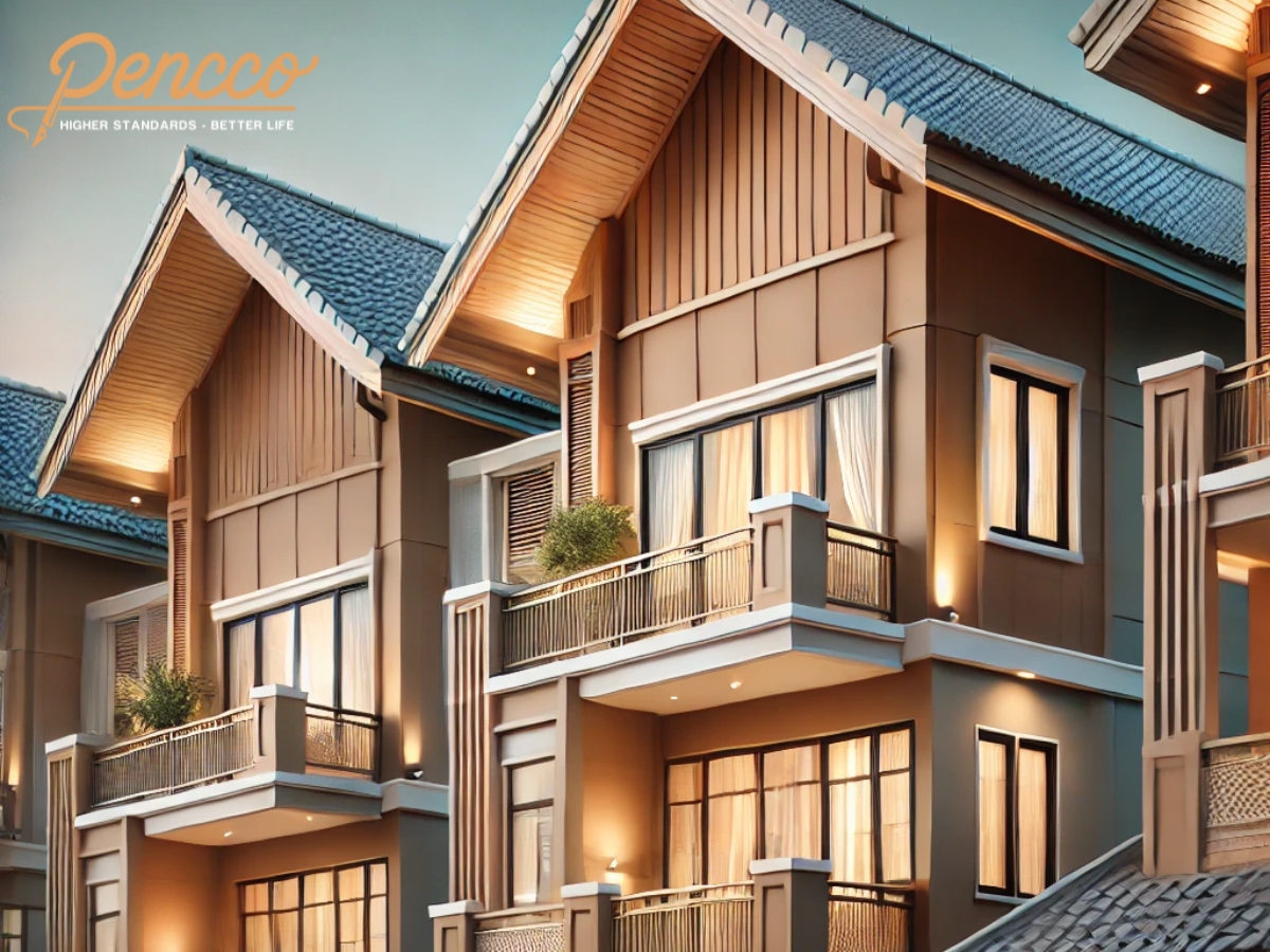 Nhà phố mái thái hiện đại nâu nhạt, kết hợp be