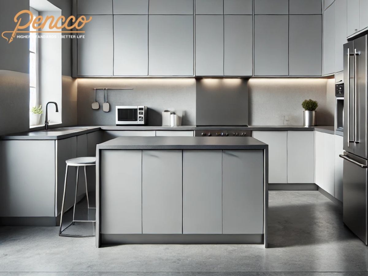 Phòng bếp với tường trắng xám, bàn đá xám đậm và nội thất inox