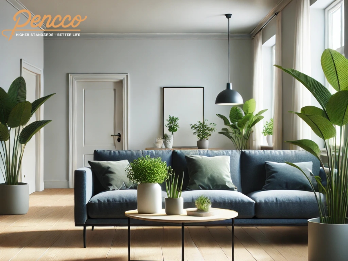 Phòng khách với tường trắng xám, sofa xanh dương và nội thất gỗ tự nhiên
