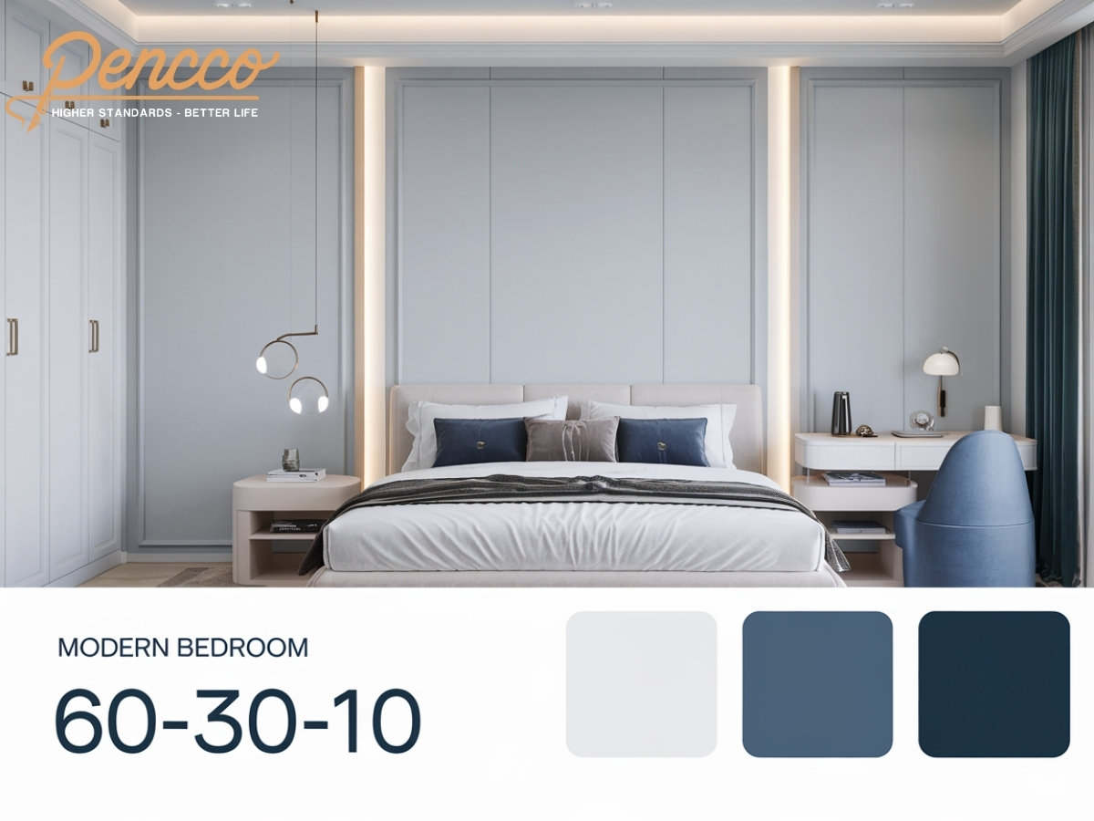 Phòng ngủ hiện đại với nội thất trắng và điểm nhấn xanh dương đậm.