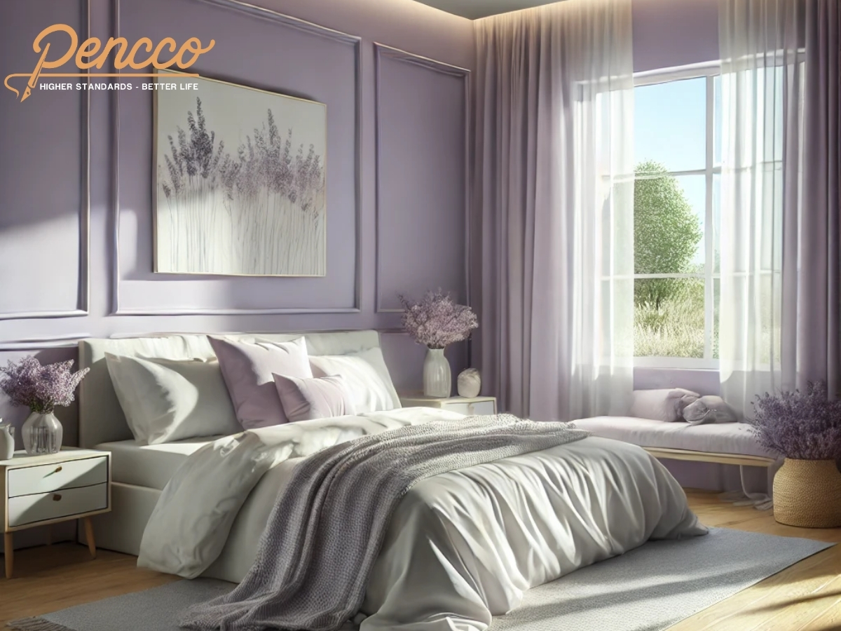 Phòng ngủ tông tím lavender với nội thất nhẹ nhàng, thư giãn