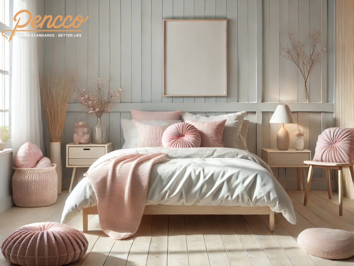 Phòng ngủ với tường trắng xám, sàn gỗ sáng và phụ kiện màu hồng pastel