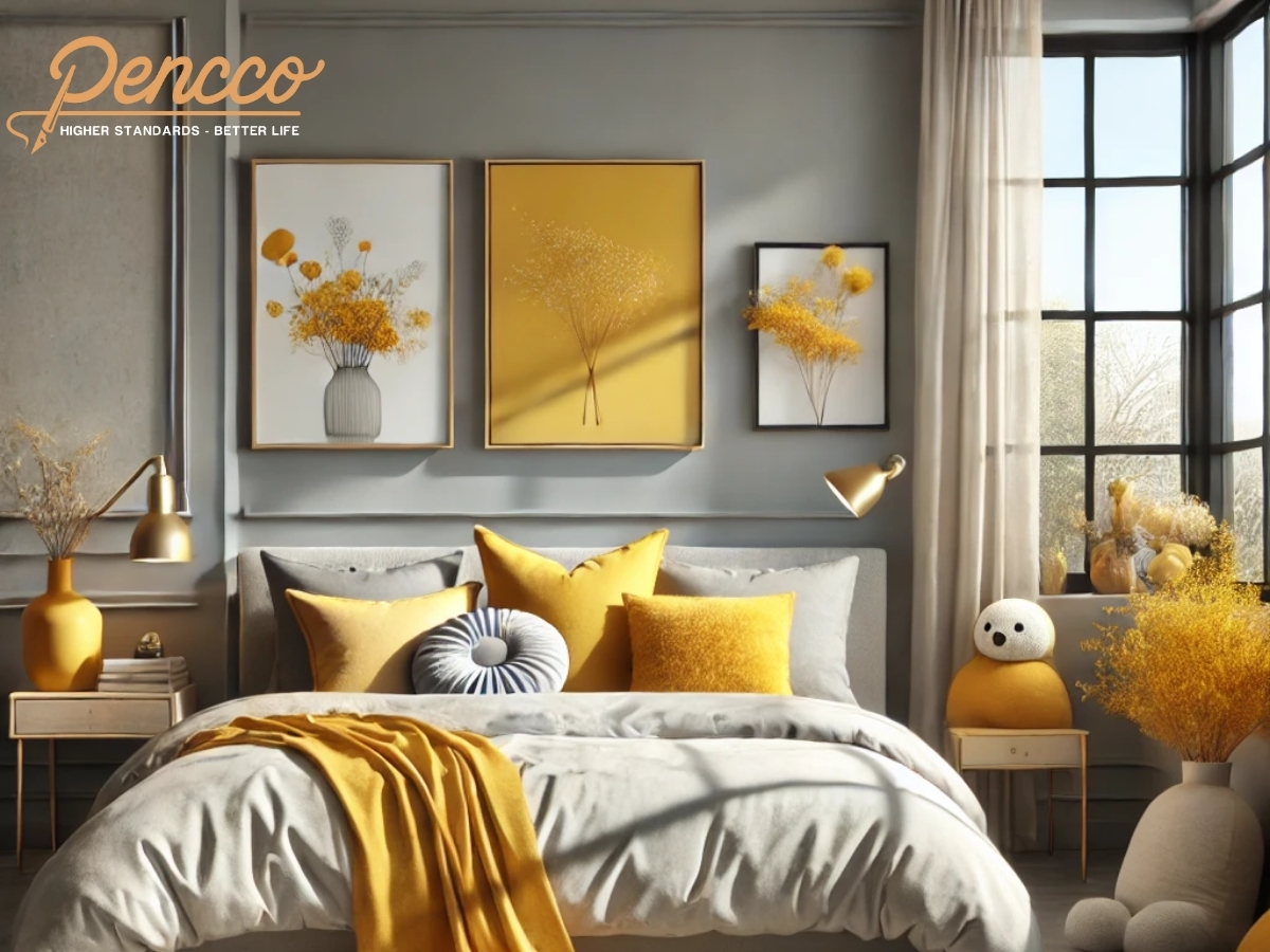 Phòng ngủ tông xám nhạt với điểm nhấn vàng mustard.