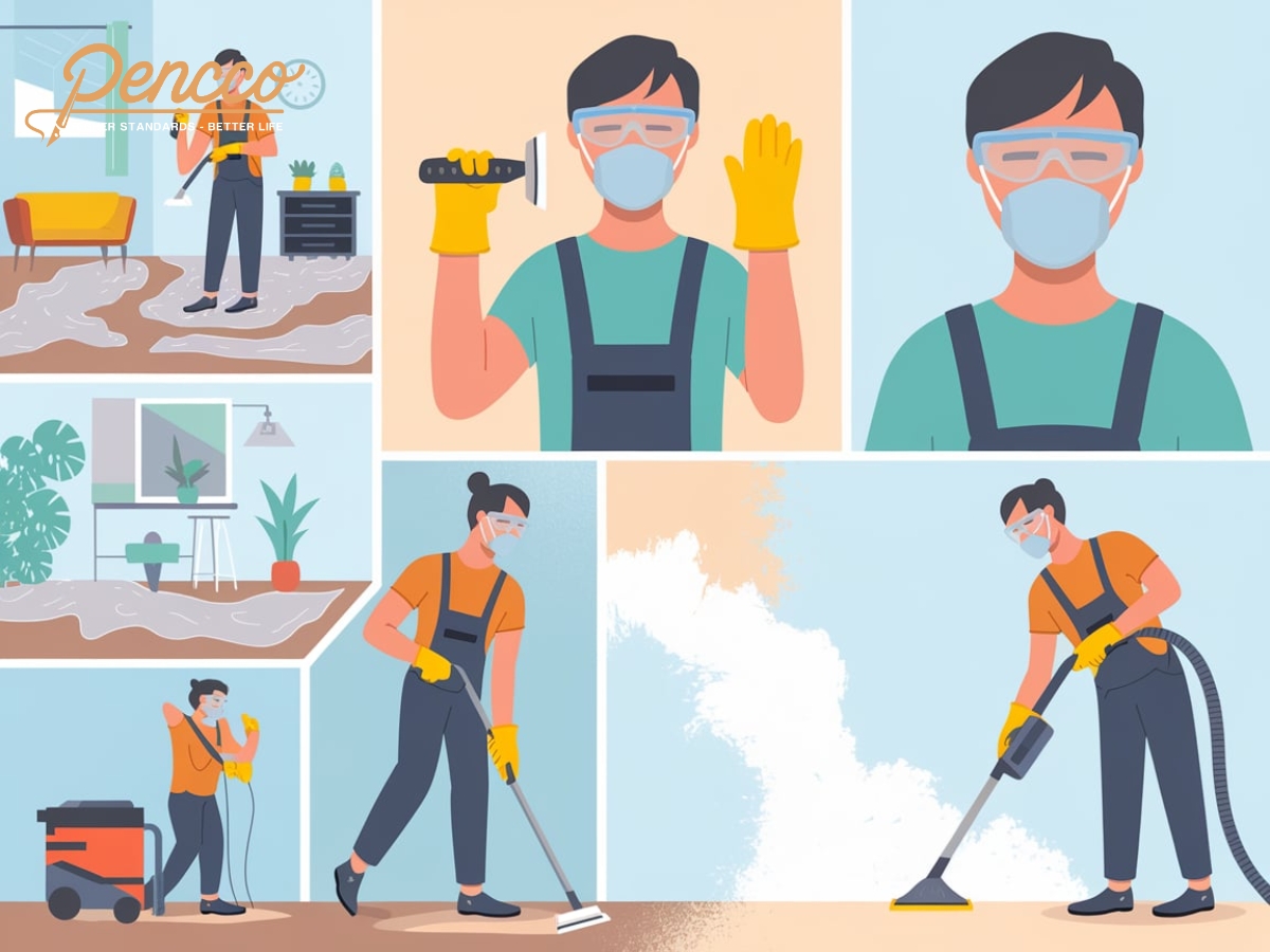 Quy trình cạo nhám và thu dọn bụi bẩn an toàn và hiệu quả.