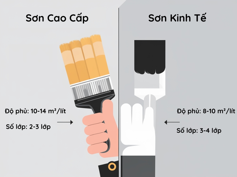 Minh họa độ phủ và số lớp sơn cần thiết của sơn cao cấp và sơn kinh tế.