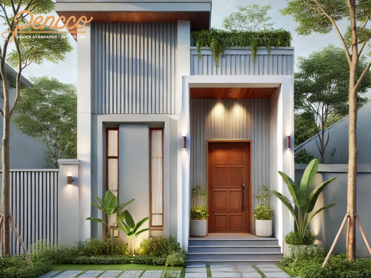 Nhà cấp 4 xám trắng, cửa ra vào bằng gỗ, nhiều cây xanh xung quanh