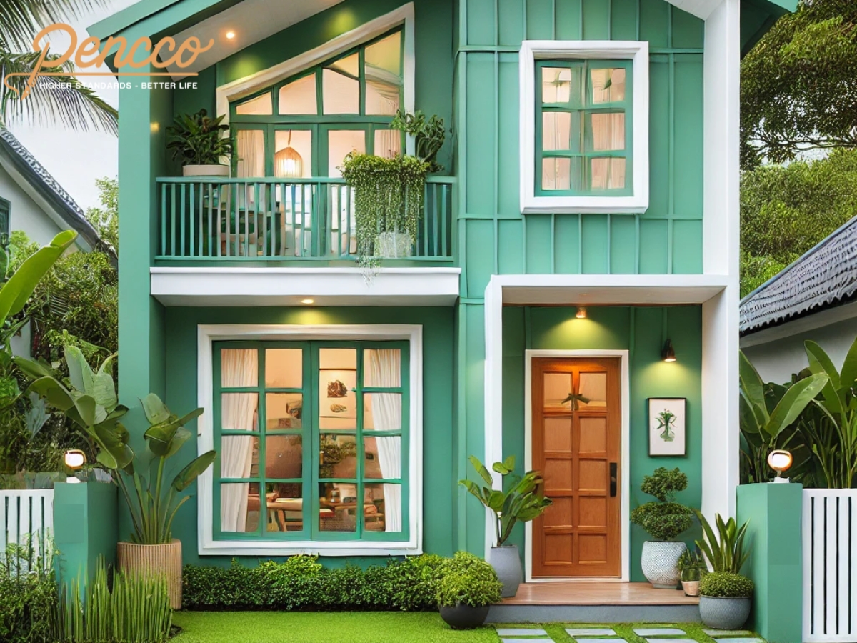 nhà sơn màu xanh lá cây nhạt, cửa gỗ, thiết kế hiện đại
