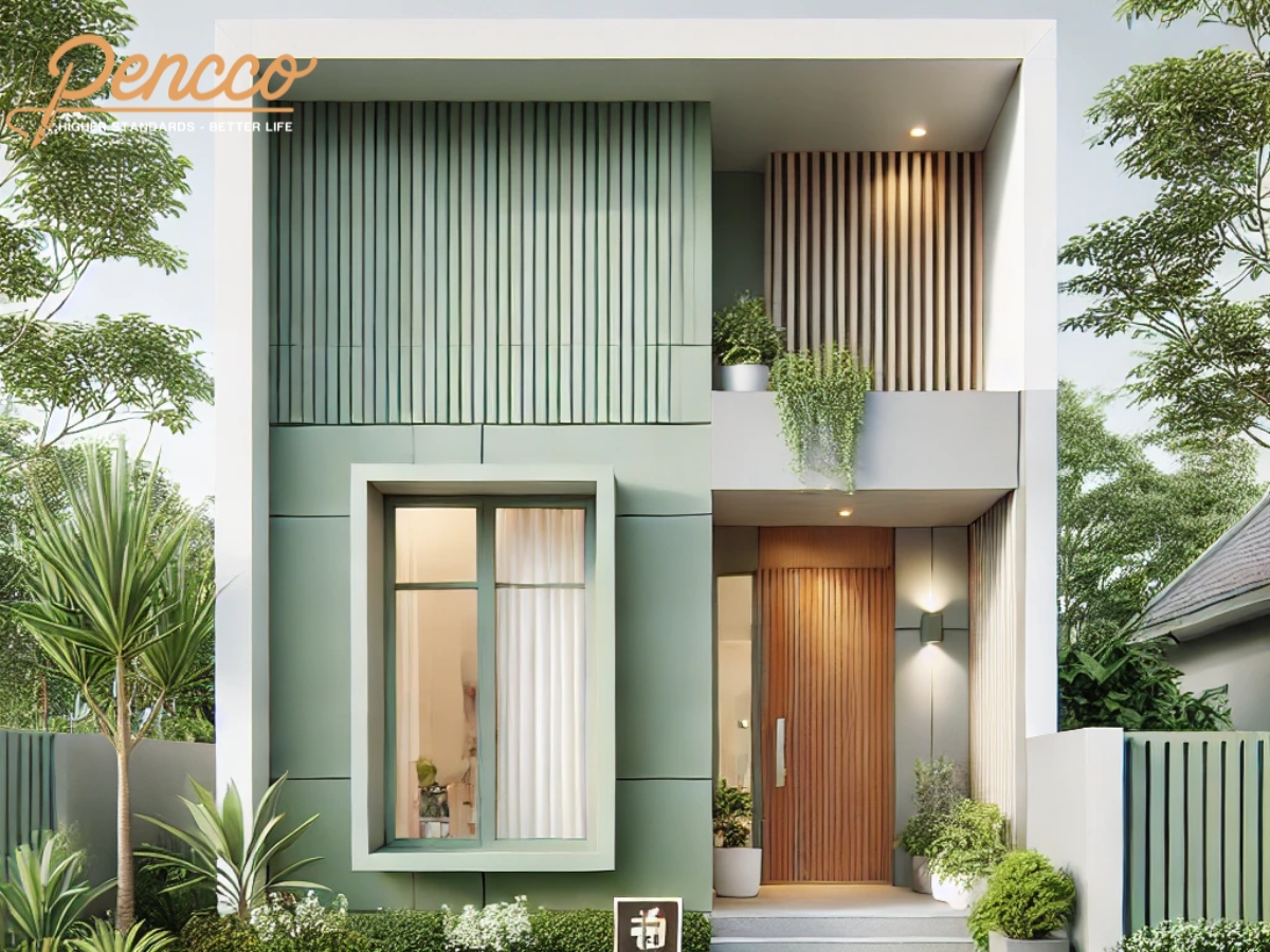 Nhà cấp 4 sơn xanh ngọc, khung cửa trắng, nhiều cây xanh xung quanh