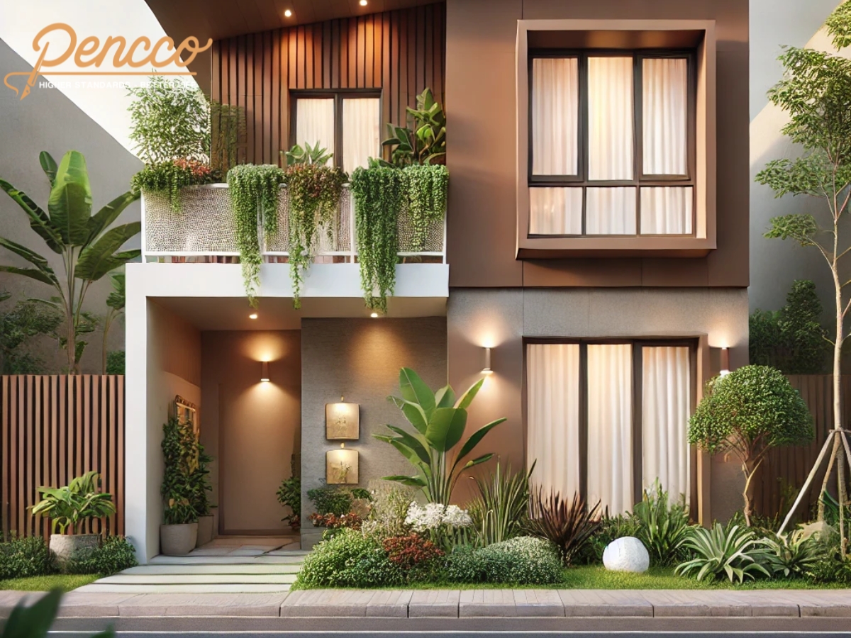 Nhà cấp 4 một tầng màu nâu, khung cửa trắng, cây xanh bao quanh
