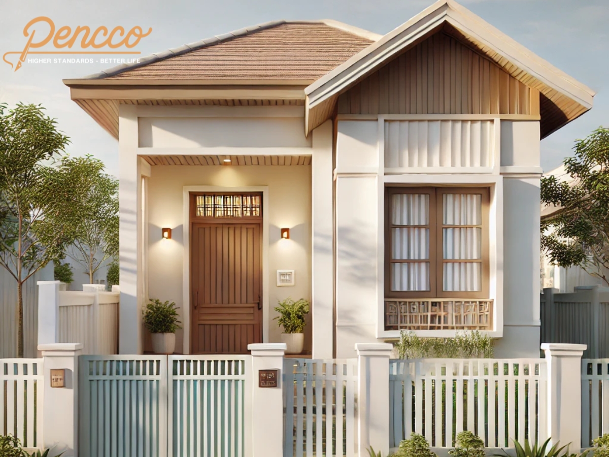 Nhà cấp 4 sơn màu trắng kem, cửa gỗ nâu, cây xanh bao quanh.