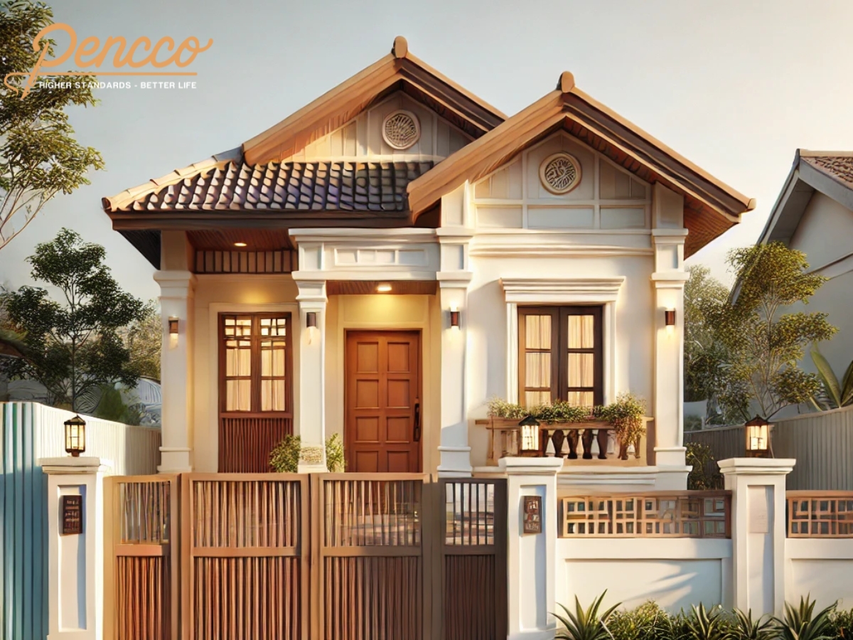 Nhà cấp 4 một tầng, màu trắng kem, cửa gỗ nâu, hàng rào xanh dương